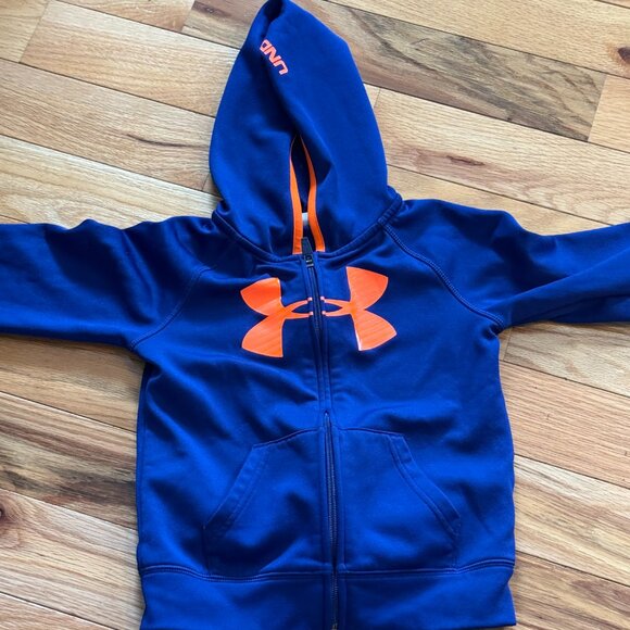 Under Armour Hoodie Boys 4 Navy Neon Orange Full Zip Long Sleeves Logo Pockets - Picture 1 of 9